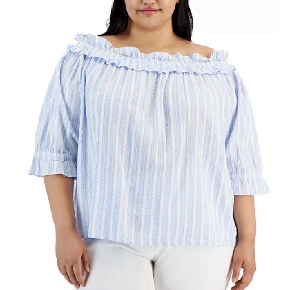 Tommy Hilfiger Women Blue Off-The-Shoulder Top Plus Size 3X Preppy Coastal NWT